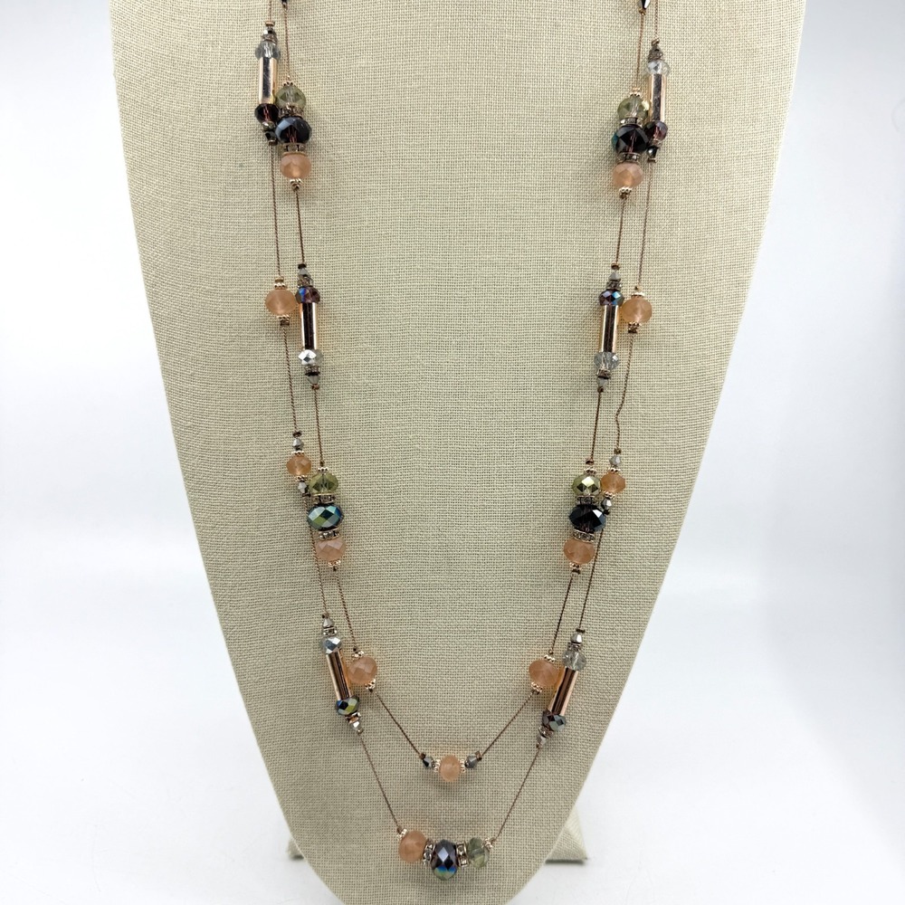 Boho Multi-Strand Crystal Beaded Necklace Rose Gold Tone Layered Statement Gift